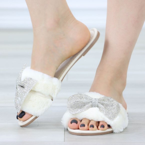 Beige Plush Glitter Bow Tie Fuzzy Flat Sandals Sliders - Picture 13 of 15